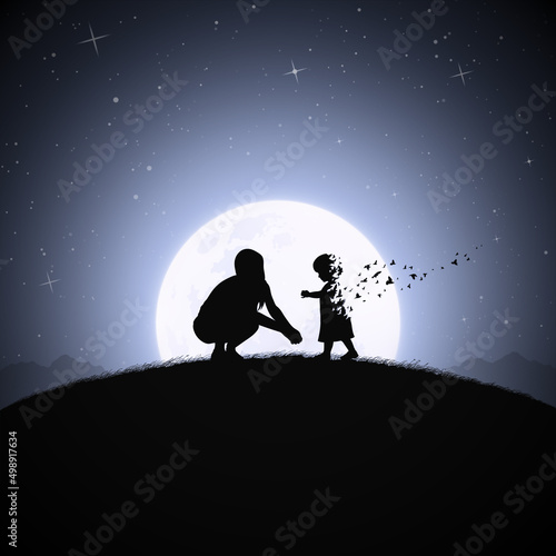 Mother and child. Dying girl silhouette. Death, afterlife. Full moon