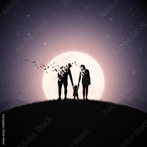 Family silhouette. Child and dying parent. Death, afterlife. Full moon