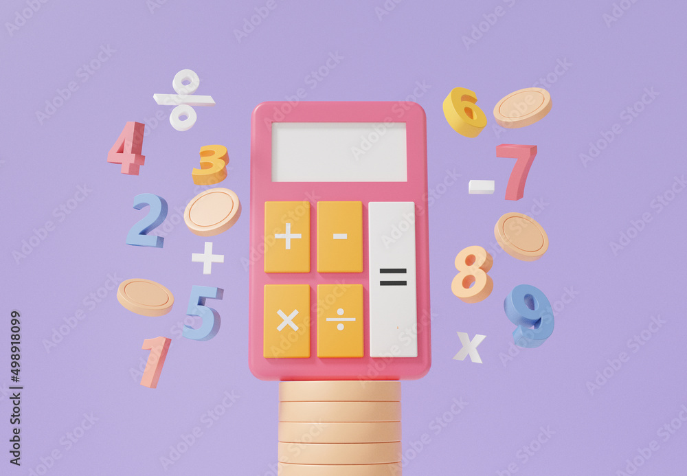 3D calculator with coins and basic math operation symbols math, plus ...