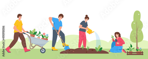 Gardeners man and woman with equipment work in garden or city park. Watering, planting, growing and transplanting sprouts. Spring or summer banner, concept or background vector illustration.