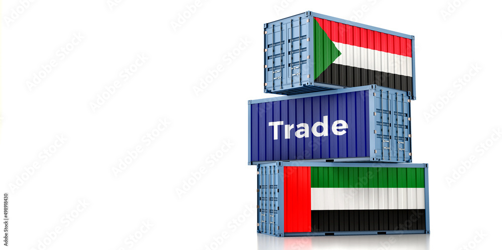 Cargo containers with United Arab Emirates and Sudan national flags. 3D Rendering
