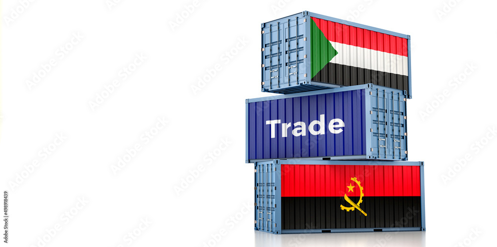 Cargo containers with Angola and Sudan national flags. 3D Rendering