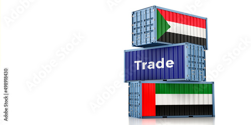 Cargo containers with United Arab Emirates and Sudan national flags. 3D Rendering