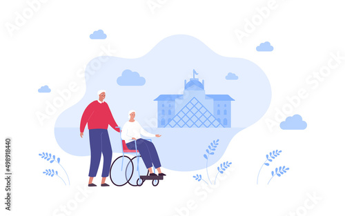 Travel for old people concept. Vector flat person illustration. Couple of elder female in wheelchair and senior adult man. Abstract european museum building on background.