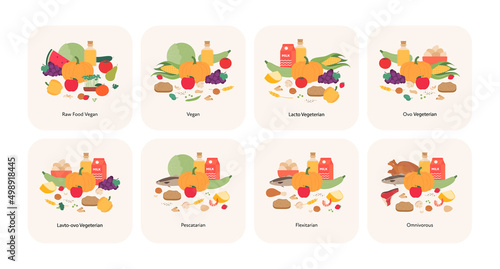 Vegetarian food plate example collection. Vector flat illustration. Different diet set of raw, vegan, ovo, lacto, pescatarian, flexitarian and omnivorous symbol isolated on white background photo
