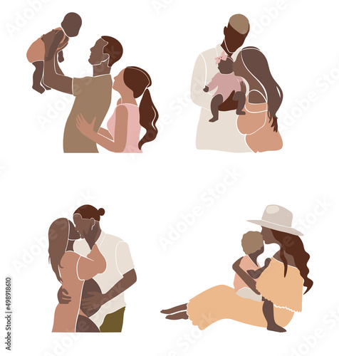 Abstract bundle of pregnant woman, baby, father and couple . Modern Art about family - mother concept. Hand drawn vector illustration in minimalistic style.