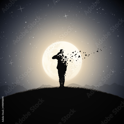 Fototapeta Naklejka Na Ścianę i Meble -  Dying soldier silhouette on battlefield. Death, afterlife. Full moon