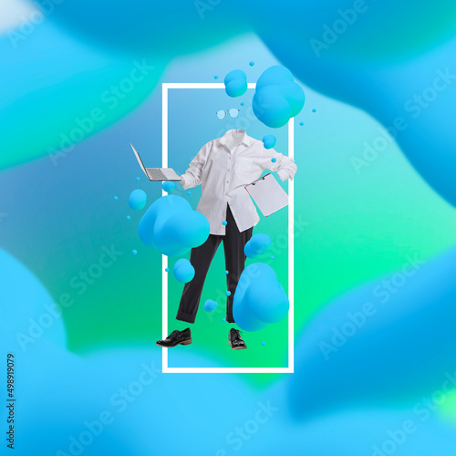 Contemporary art collage. Silhouette of fashionable woman wearing stylish official cloth isolated over blue and green abstract fluid background