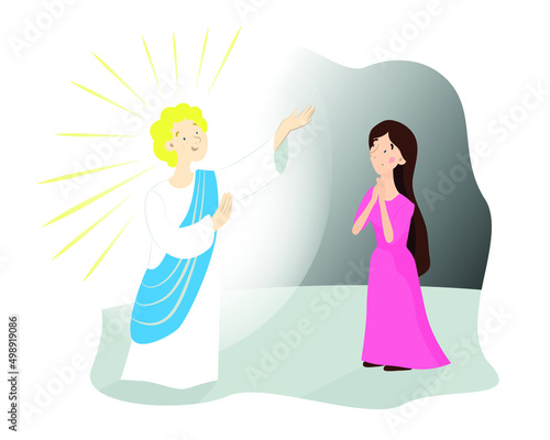 Biblical story of the Annunciation. Picture for Sunday school. Angel Gabriel comes to the Virgin Mary. Birth of Jesus Christ. Christian bible character. Cute vector isolated illustration. Maria