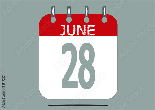 Icon day date 28 June, template calendar page in red and gray for days of the month