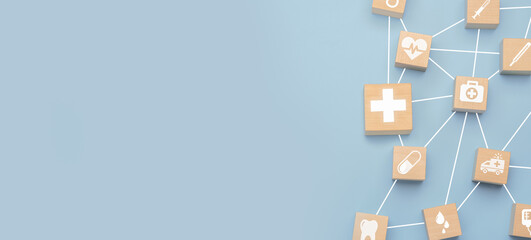 Health care and medical icons on wooden block with connection link for healthy wellness insurance and assurance concept. medicine and health insurance concepts. web banner