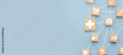 Obraz na plátně Health care and medical icons on wooden block with connection link for healthy wellness insurance and assurance concept