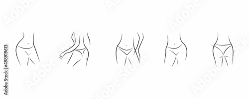 Beautiful sexy female body linear sketch. Nude woman silhouettes set. Black outline on a white background. For the beauty industry, spas, fitness centers, lingerie stores. Vector illustration