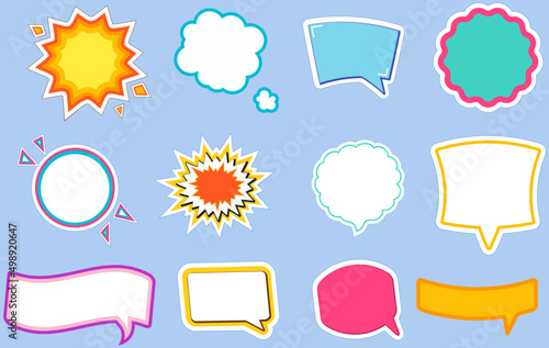 Fashion patches with empty place for text or inscriptions, colored comic icons. Conversation phrases as modern stickers. Cartoon style patch badges, colorful sticker pack background pattern
