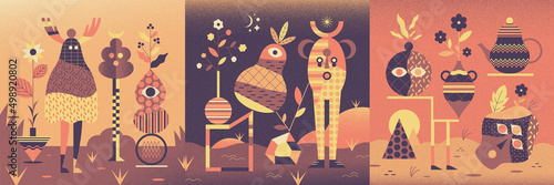 The Land of Golden sands. Set of 3 illustrations representing a tribe living in a sweet and warm desert.