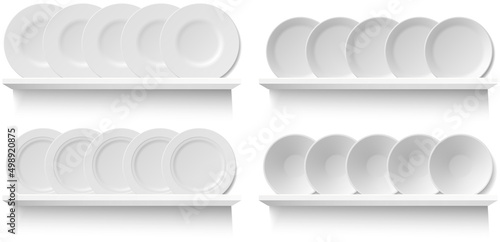 Round white plates on wooden shelf for utensil. Kitchen stuff for cooking and serving food, breakfast, lunch and dinner. Vector illustration in flat style, shelving concept on white background