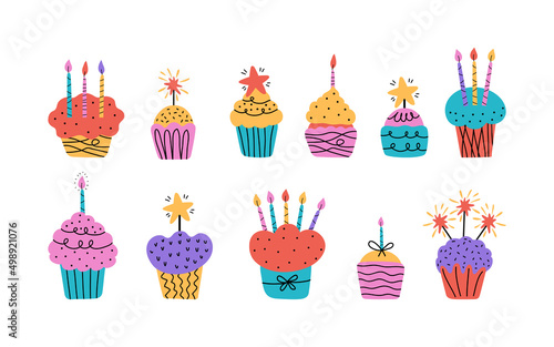 Vector set of colorful holiday doodle icons. Bday cake with candles, cupcakes, muffins. Happy birthday. Modern design in minimalistic scandinavian style for children's parties, birthday, anniversary.