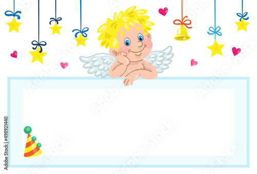 Cute angel boy. Baby Shower invitation template with stars, hearts and place for your text. In cartoon style. Isolated on white background. Vector illustration