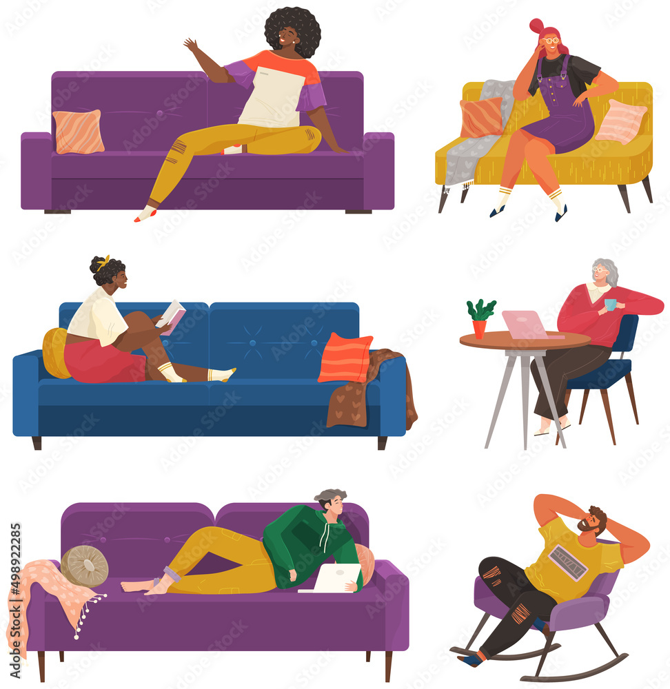 Obraz premium People resting at home relaxing on sofa or armchair having lazy free time and relax set of illustrations. Thinking or dreaming alone person in apartment, relaxation after work, take ones ease