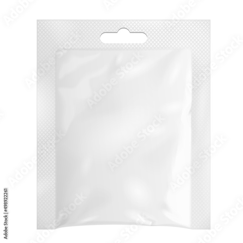 Mockup White Blank Retort Foil Pouch Packaging Hang Slot Medicine Drugs Or Coffee, Salt, Sugar, Pepper, Sachet, Sweets Or Condom. Isolated Mock Up Template Ready For Your Design. Product Packing.