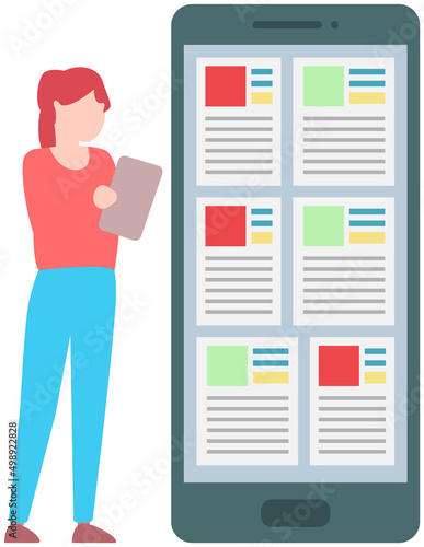 Woman looks at app in phone, browses mail, studies analytics, reports and statistics. Lady analyzes statistical report, business information on digital document. Businesswoman works with online data