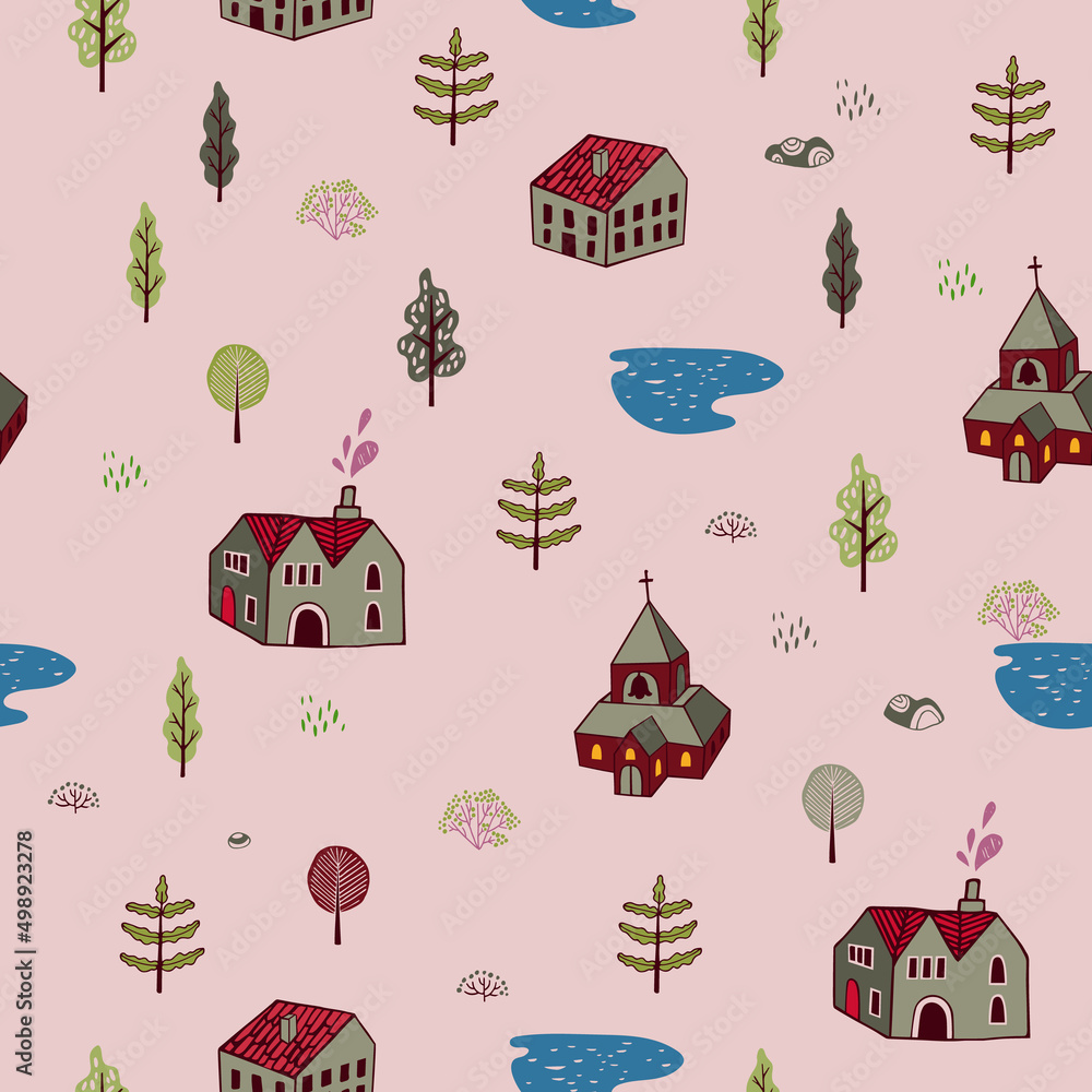 Seamless pattern with houses and trees. Old city. Suitable for printing on fabric, wrapping paper, background. Scandinavian trend.