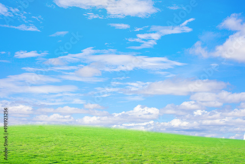 green lawn blue sky White clouds. Natural background for design.