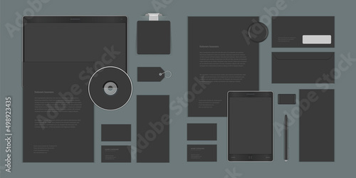 Business corporate identity mock ups template for Logo presentation design elements vector set. Stationery objects business card, blank paper, envelope and other.