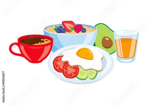 Healthy full breakfast still life icon vector. Breakfast with oatmeal, egg, vegetable, avocado, coffee and orange juice icon set vector isolated on a white background