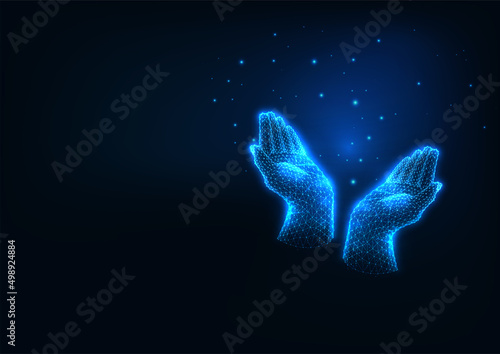 Futuristic female hands praying or raising up, hope, worship concept in glowing low polygonal style  © Inna