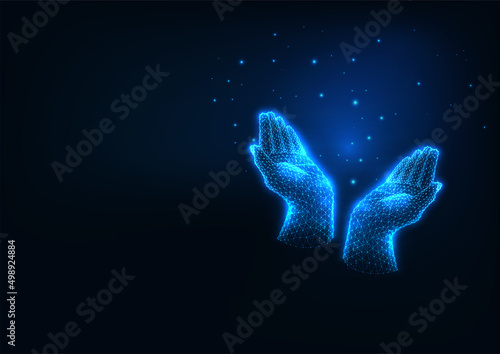 Futuristic female hands praying or raising up, hope, worship concept in glowing low polygonal style 