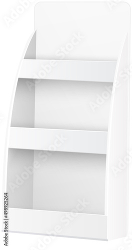 White empty supermarket retail store shelves isolated on white background vector illustration. Modern stylish wooden shelves furniture of high quality for books and decorations trade equipment