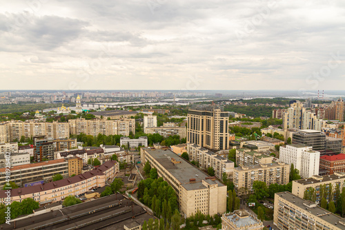 Ukraine, Kyiv – May 02, 2015: Aerial panoramic view on central part of Kyiv from a roof of a high-rise building