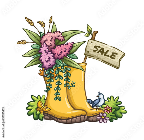 Yellow rubber boots with flowers bouquet and tag, spring garden tools