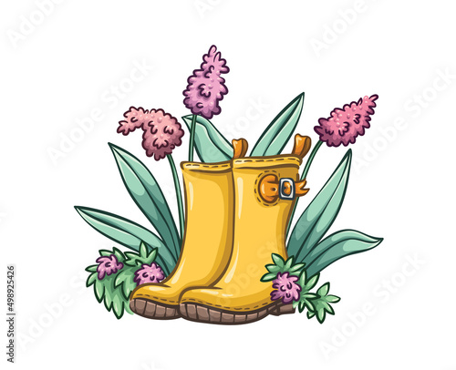 Yellow rubber boots with flowers bouquet, spring garden illustration