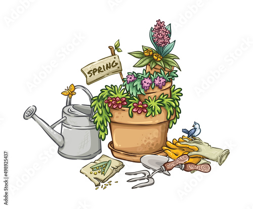 Gardening tools and pot with flowers, seeds, gloves, garden fork, trowel , spring agriculture arrangement