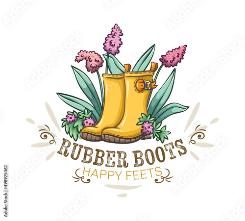Logo of the yellow rubber boots with flowers bouquet, spring garden emblem