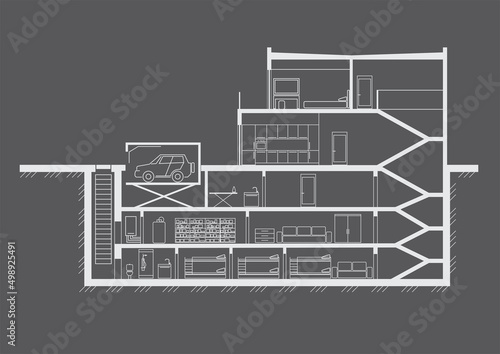 Linear sketch cottage section with multi-storey basement on gray background