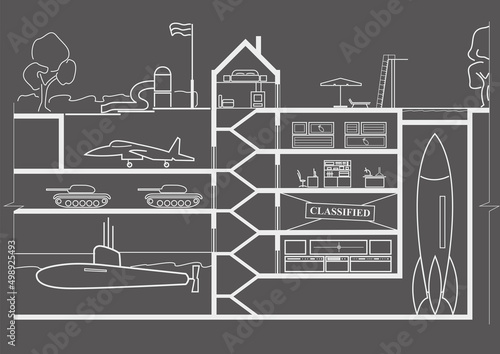 Linear architectural sketch hidden underground millitary base on gray background