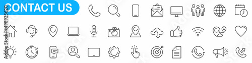 Set of 32 Contact Us icons. Big UI icon set. Thin outline icons pack. Chat, support, message, phone, globe, point, chat, call. Vector illustration.