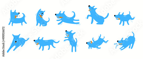 Cute cartoon dogs ,Funny dog play, run and lie down.Vector set of elements