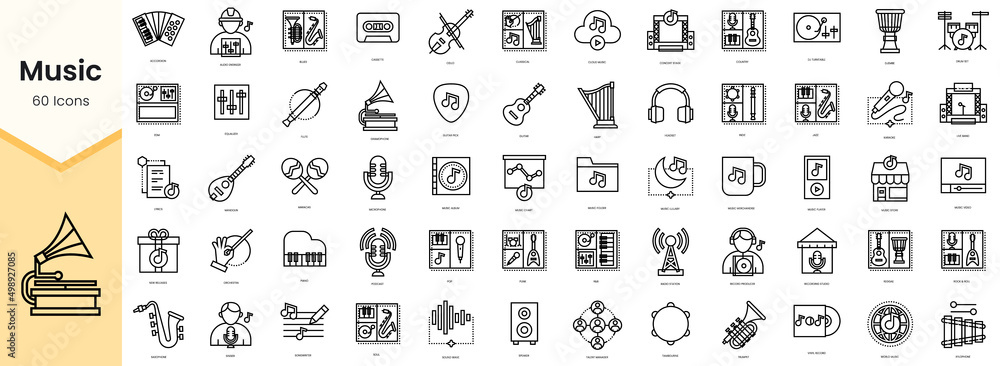 Set of music icons. Simple line art style icons pack. Vector illustration