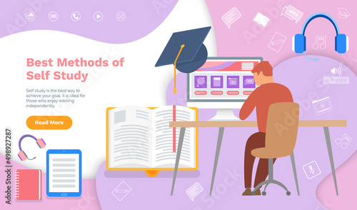 Interface of educational website. Online courses, virtual school, internet education. Webpage template, landing page. Man using program for distance learning. Best methods of self study concept
