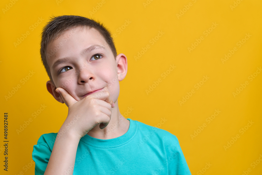 Smiling kid boy with a hand on his face and thinking Smiling kid boy with a hand on his face and thinking