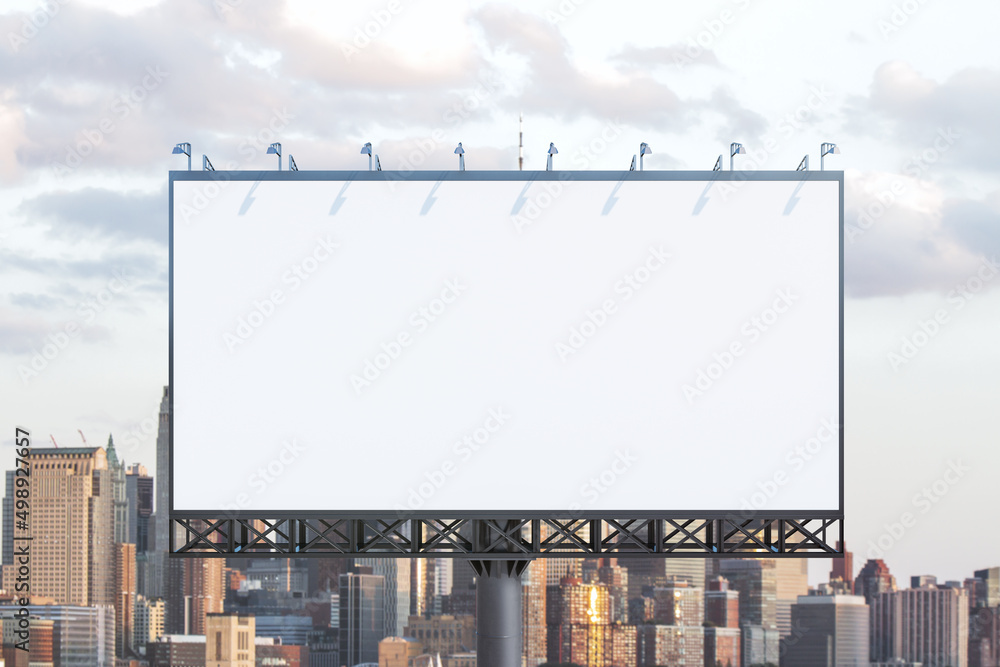 Blank white horizontal billboard on cityscape background at daytime, front view. Mockup, advertising concept Blank white horizontal billboard on cityscape background at daytime, front view. Mockup, advertising concept