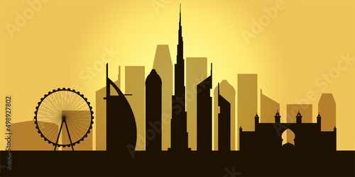 Dubai silhouette, sights, Emirates, UAE, Burj Khalifa, Ain Dubai, Atlantis The Palm, Rose Tower, Emirates Towers, Burj Al Arab. Yellow background
