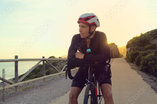 Cyclist thinking about his future competition.