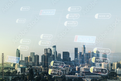 Multi exposure of abstract graphic coding sketch on Los Angeles cityscape background, big data and networking concept
