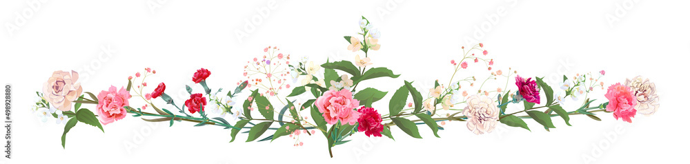 Obraz Panoramic view: bouquet of carnation and jasmine twigs. Horizontal border: red, pink flowers, buds, leaves on white background. Realistic digital illustration in watercolor style, vintage, vector