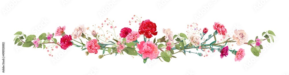 Panoramic view: bouquet of carnation and spring blossom. Horizontal border: red, pink flowers, buds, leaves on white background. Realistic digital illustration in watercolor style, vintage, vector Panoramic view: bouquet of carnation and spring blossom. Horizontal border: red, pink flowers, buds, leaves on white background. Realistic digital illustration in watercolor style, vintage, vector